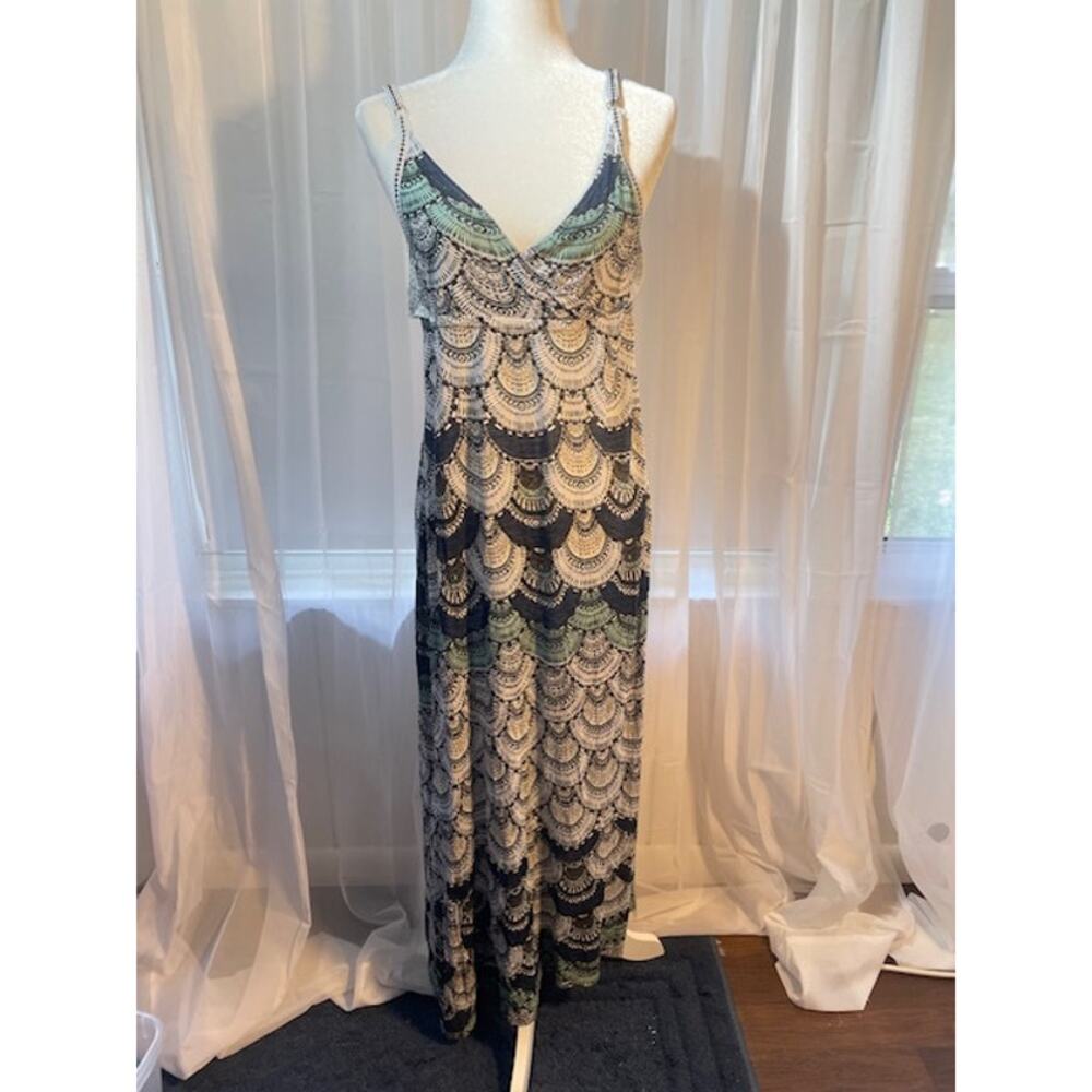 Element Size Large Maxi Dress‎ Spaghetti Straps Blue Green Peacock Design